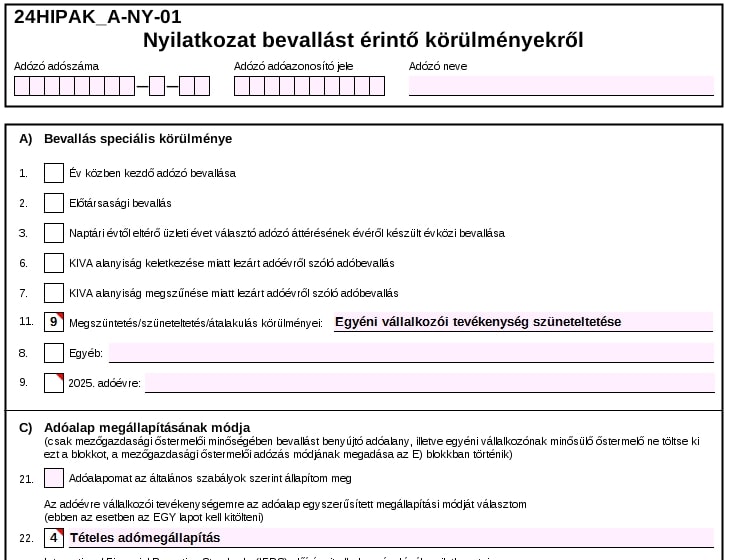 Nyilatkozat bevallást érintő körülményekről.