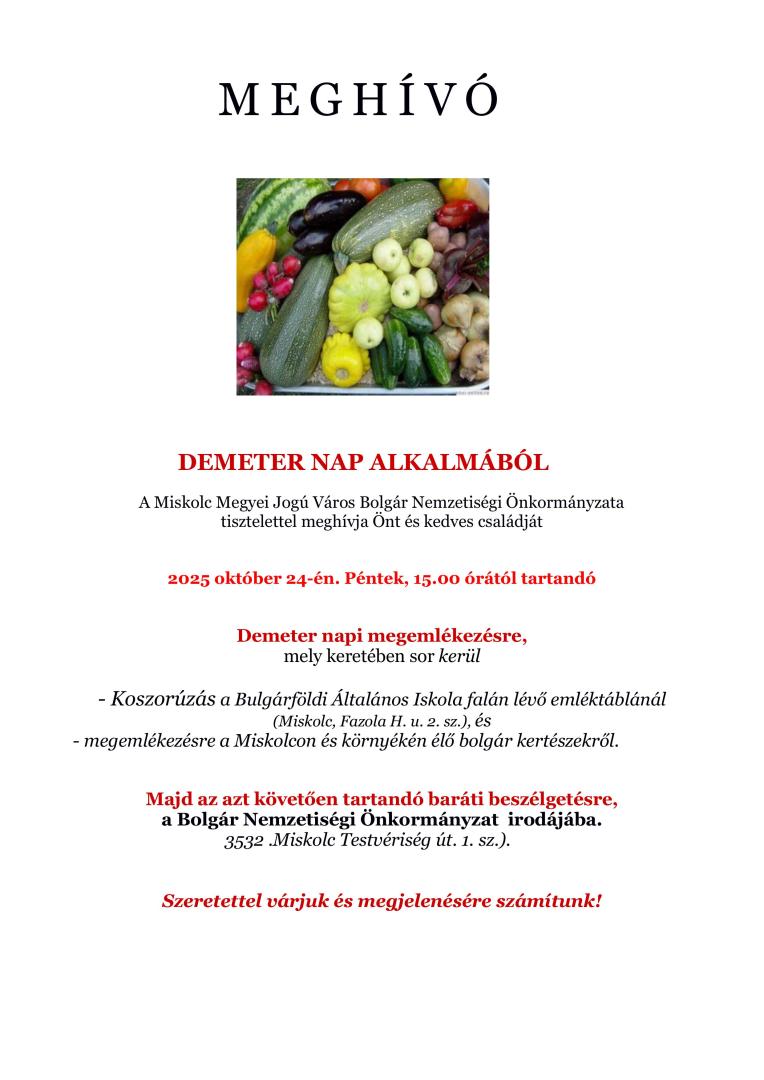 Meghívó Demeter napi megemlékezésre 2025.10.24