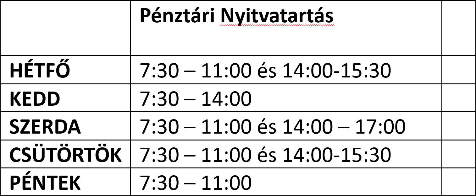 Pénztári nyitvatartás: Hétfőn és Csütörtökön reggel fél 8tól 11 ráig. valamint délután 2-től délután 4 óráig.  Kedden reggel fél 8 tól délután 2 óráig. Szerdán fél 8tól 11 óráig és délután 2-től 5 óráig. Pénteken fél 8-tól 11óráig.