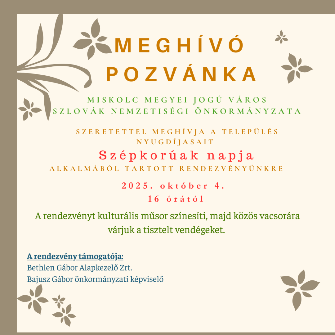 Meghívó - A szépkorúak napja alkalmából tartott rendezvényre - 2025.10.04. 16 órától