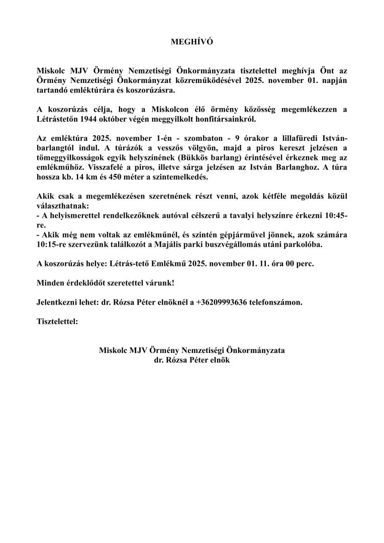 Meghívó - Az Örmény Nemzetiségi Önkormányzat által tartandó emléktúrára és koszorúzásra - 2025.11.01.